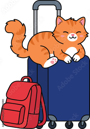 Adorable Cat Resting Luggage Backpack Travel Concept Pet Journey Cute Animal Vector Illustration