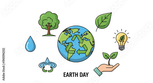 Vibrant collection of line art icons celebrating global environmental protection, sustainable living practices, and ecological awareness for Earth Day initiatives