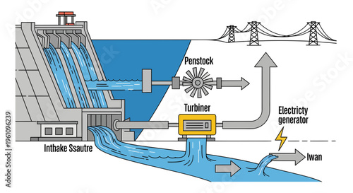 Illustration of hydroelectric power generation. Water from a dam flows through turbines, generating clean, renewable electricity for sustainable energy
