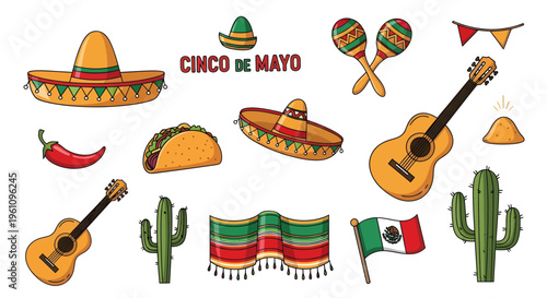 Vibrant collection of traditional Mexican celebration elements, featuring festive sombreros, rhythmic maracas, acoustic guitars, spicy peppers, and iconic cultural symbols on a clean white background