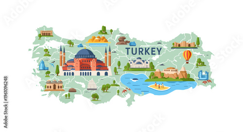 Discover the Wonders of Turkey with This Illustrated Map Featuring Iconic Historical Sites, Cultural Landmarks, and Breathtaking Scenery for Travelers to Explore