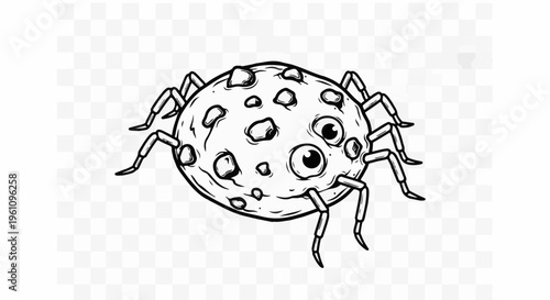 Stylized black and white drawing of a creature with multiple eyes and spindly legs