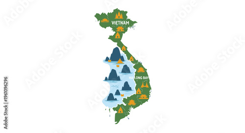 Illustrated map showcasing popular travel destinations and iconic landmarks across Vietnam, highlighting its diverse geography, rich culture, and must-visit tourist attractions