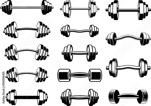 A comprehensive set of black and white vector icons featuring various dumbbells and barbells. This collection offers diverse styles for fitness and weightlifting logos.