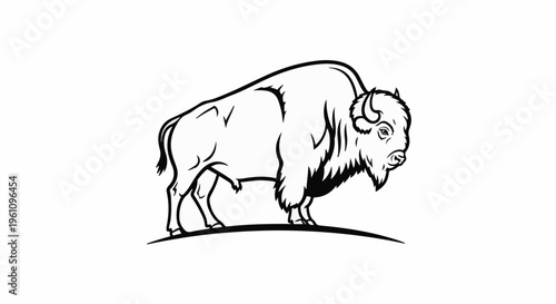 Stylized black and white drawing of a powerful bison standing on a hill
