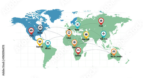Dynamic Global Travel Network Visualization World Map with Interconnected Destinations and Diverse Transportation Routes for Seamless International Journeys
