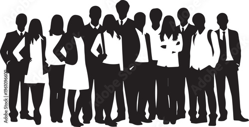 Group of business people standing together vector silhouette illustration line art