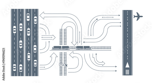 Conceptual illustration of an interconnected transportation network, showcasing the vital links between roads, railways, and air routes for efficient global logistics and urban movement