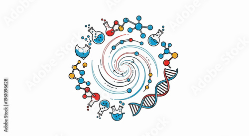 Scientific illustrations with molecules, DNA, and lab equipment forming a circle