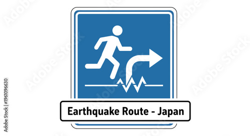 Blue public safety sign for earthquake evacuation, depicting a running person and directional arrow, vital for emergency preparedness and guiding safe movement during seismic event
