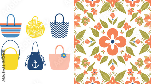 Summer beach bag vector set and seamless floral pattern featuring nautical totes straw handbags and anchor designs for vacation and fashion projects