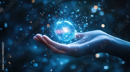 A glowing blue orb held delicately in a hand, representing the power of creation and imagination in a mystical universe
