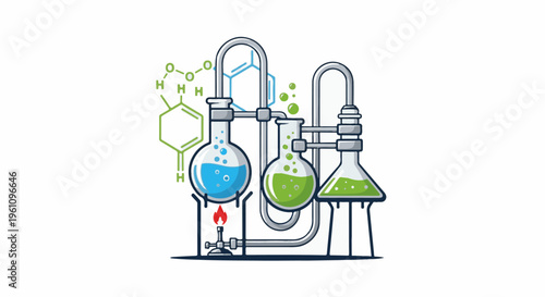 Scientific experiment with flasks, tubing, and molecular diagrams in a lab