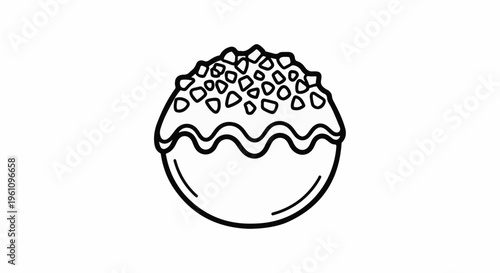 Stylized black and white drawing of a single round pastry with toppings