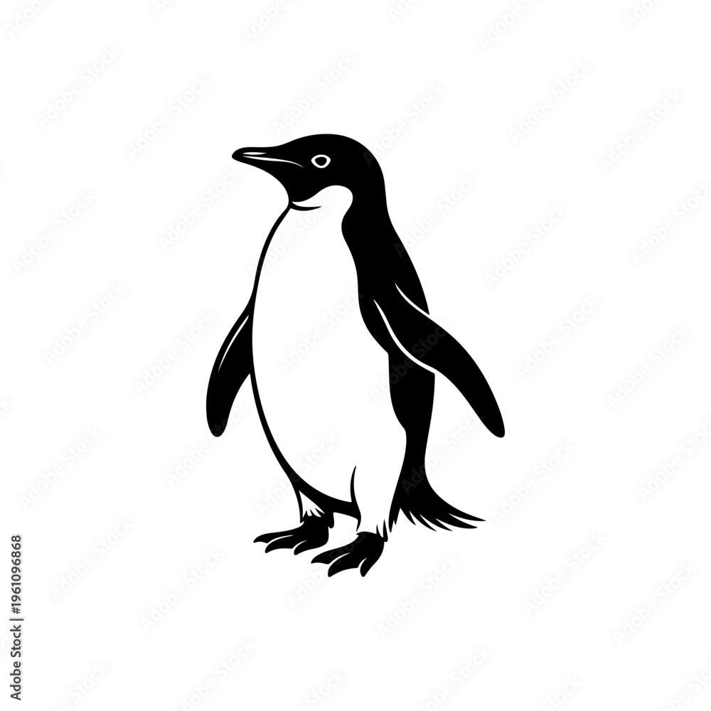Obraz premium A black and white vector illustration of a penguin standing in a classic pose. This clean and simple animal silhouette is ideal for nature, arctic, and mascot branding.