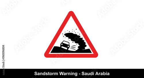 Cautionary road sign illustration for sandstorm warning, depicting a vehicle engulfed in a massive dust cloud, signaling a severe driving hazard and adverse weather alert
