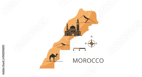 Stylized map illustration of Morocco showcasing iconic landmarks like mosques, majestic mountains, and desert camels, complete with a traditional compass rose for cultural travel and exploration