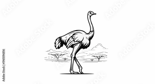 Stylized black and white drawing of an ostrich standing in a savanna landscape with trees and clouds
