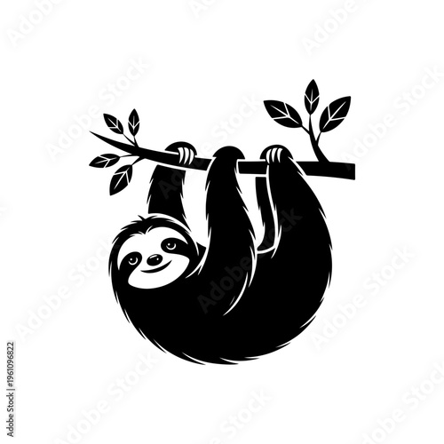 A black and white vector illustration of a cute sloth hanging upside down from a tree branch with leaves. A clean, charming silhouette ideal for nature-themed branding.