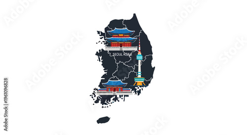 Vibrant illustration of South Korea map highlighting famous architectural landmarks and popular tourist attractions for travel and cultural exploration