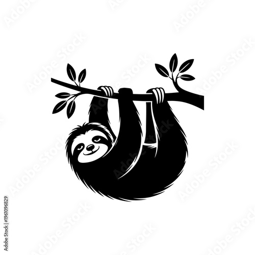 A black and white vector illustration of a cute sloth hanging upside down from a tree branch with leaves. A clean, charming silhouette ideal for nature-themed branding.