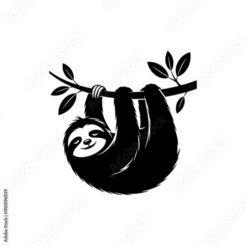 A black and white vector illustration of a cute sloth hanging upside down from a tree branch with leaves. A clean, charming silhouette ideal for nature-themed branding.