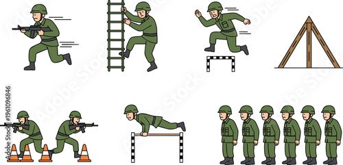 Vector illustration of soldiers performing military training drills including running, climbing, jumping, shooting, vaulting, and group formation