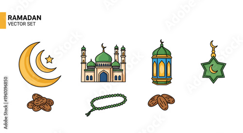 Vector collection of Ramadan celebration essentials mosque, crescent moon, lantern, prayer beads, and dates, crafted as key elements for spiritual reflection and festive preparation