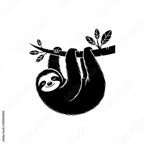 A black and white vector illustration of a cute sloth hanging upside down from a tree branch with leaves. A clean, charming silhouette ideal for nature-themed branding.