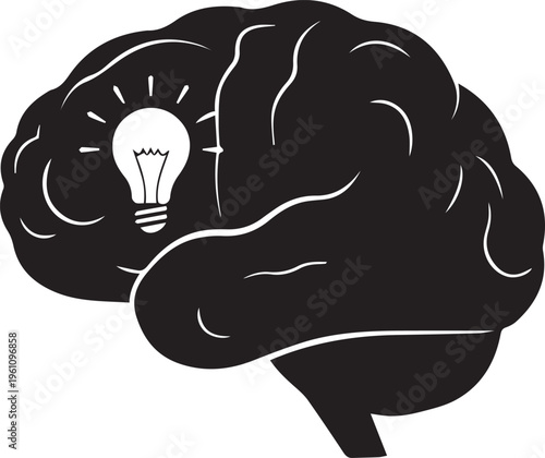 Human brain with light bulb vector silhouette illustration line art knowledge background