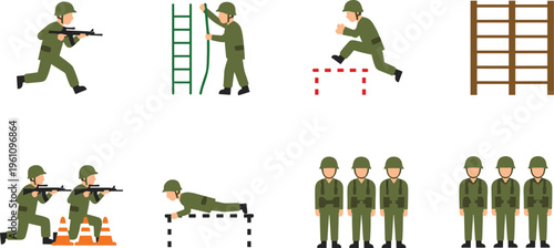 Vector illustration of soldiers performing military training exercises including running, climbing, crawling, shooting, and group formations