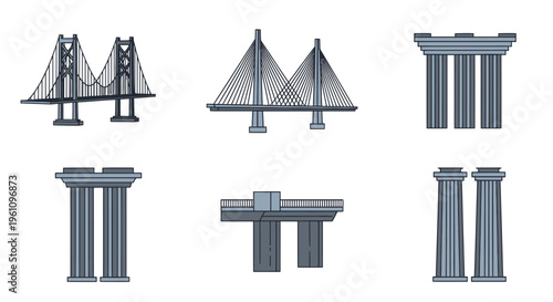 Vector collection showcasing diverse architectural and engineering structures, featuring modern bridge designs and classical columns for technical drawings and educational resources