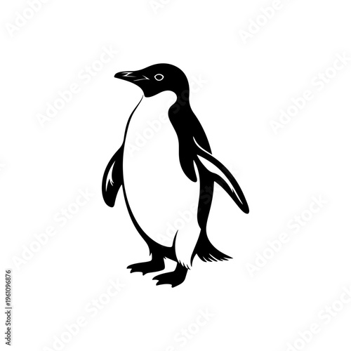 A black and white vector illustration of a penguin standing in a classic pose. This clean and simple animal silhouette is ideal for nature, arctic, and mascot branding.
