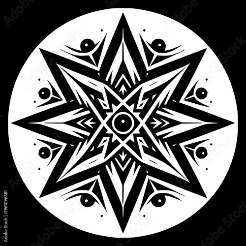 Celestial Symmetry: An intricate black and white star-like mandala, symbolizing cosmic harmony and spiritual depth, perfect for introspective and artistic projects.