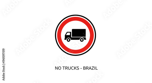 Vector graphic of a universal circular 'No Trucks' road sign, prohibiting heavy goods vehicles in specific areas to ensure traffic safety and regulatory compliance