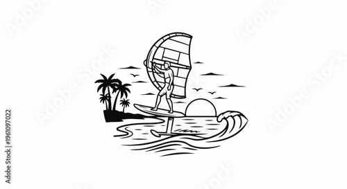 Silhouette of person windsurfing on foil board at sunset with palm trees