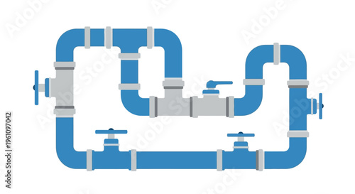 Industrial Blue Pipeline System with Control Valves Vector Illustration