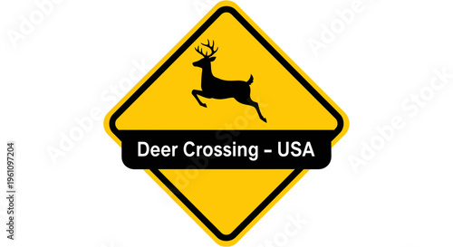 Vivid yellow diamond-shaped road sign illustrating a leaping deer, indicating a wildlife crossing zone for driver awareness and safety on roads