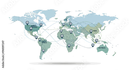 Illustrative World Map Showing an Interconnected Global Network with Location Pins, Symbolizing International Business Operations and Worldwide Communication