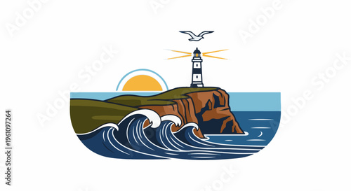 Seaside lighthouse on cliff with sun and waves, bird overhead