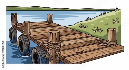 Rustic wooden dock with mooring posts and tires, extending into calm water