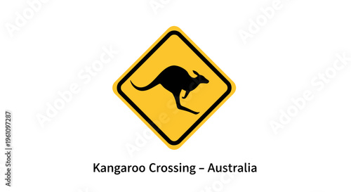 Essential Australian wildlife warning sign featuring a dynamic black kangaroo silhouette within a bright yellow diamond shape, indicating common marsupial crossing zones for road safety