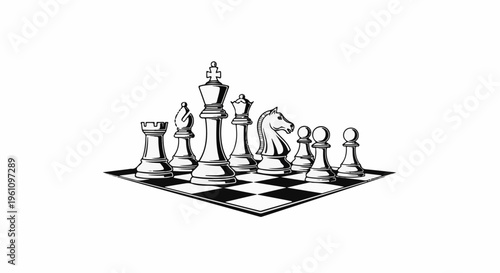 Stylized black and white chess pieces arrayed on a checkered board