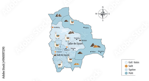 Explore Bolivia's Diverse Geography An Illustrated Map Showcasing the Magnificent Uyuni Salt Flats, Vast Salt Basins, Towering Mountains, and Iconic Wildlife