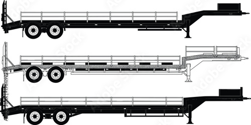 Black and White Vector Illustration of Gooseneck Flatbed Trailer Outline Set for Heavy Machinery Transportation Logistics and Industrial Equipment Design