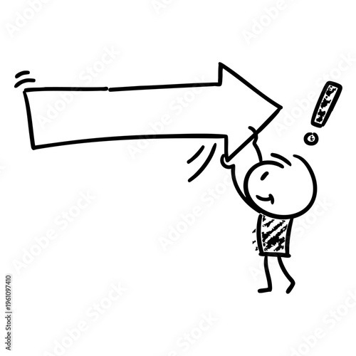 A cartoon stick figure pointing to a large blank arrow with excitement