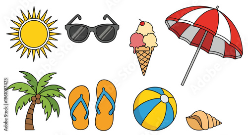 Vibrant collection of summer vacation essentials and beach holiday elements, perfect for sunny day adventures and leisure time