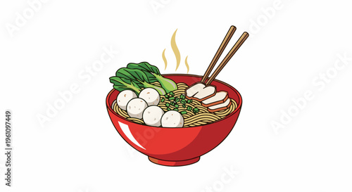 Steaming bowl of noodles with meat, fish balls and greens, served with chopsticks