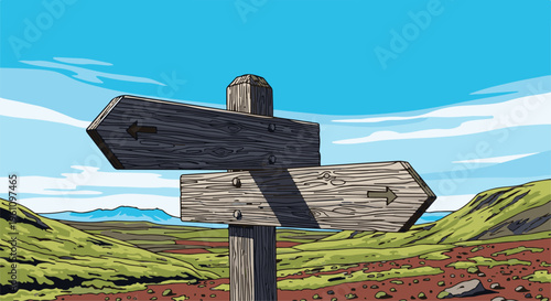 Rustic wooden directional signpost points two ways in a scenic, open landscape