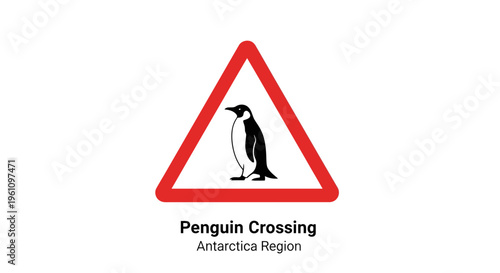 Graphic warning sign illustration featuring a lone penguin, denoting a crucial wildlife crossing zone in the remote Antarctic region for enhanced animal safety and awareness